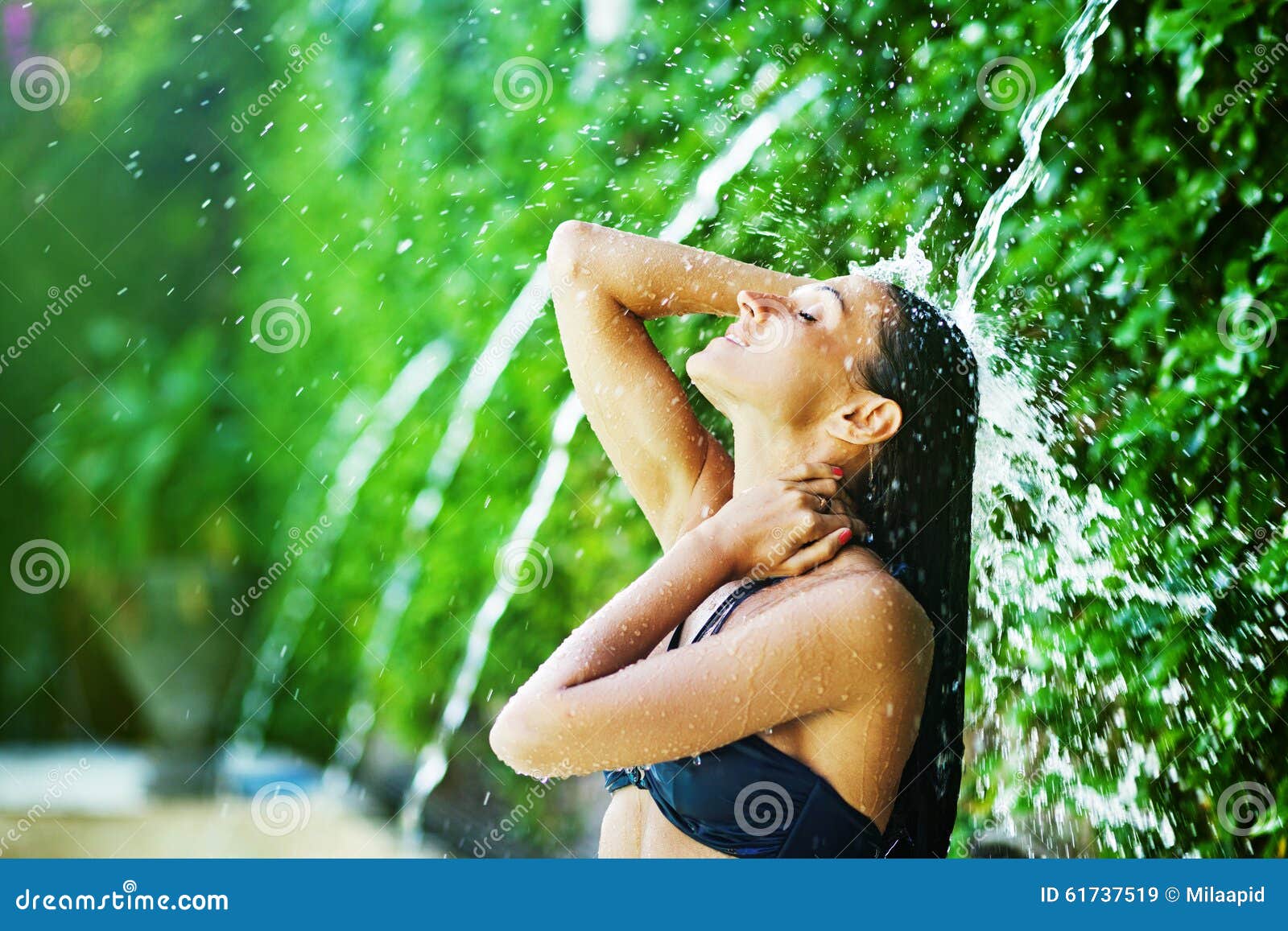 Woman Having Shower Under Tropical Waterfall Stock Image Image of clean, people 61737519