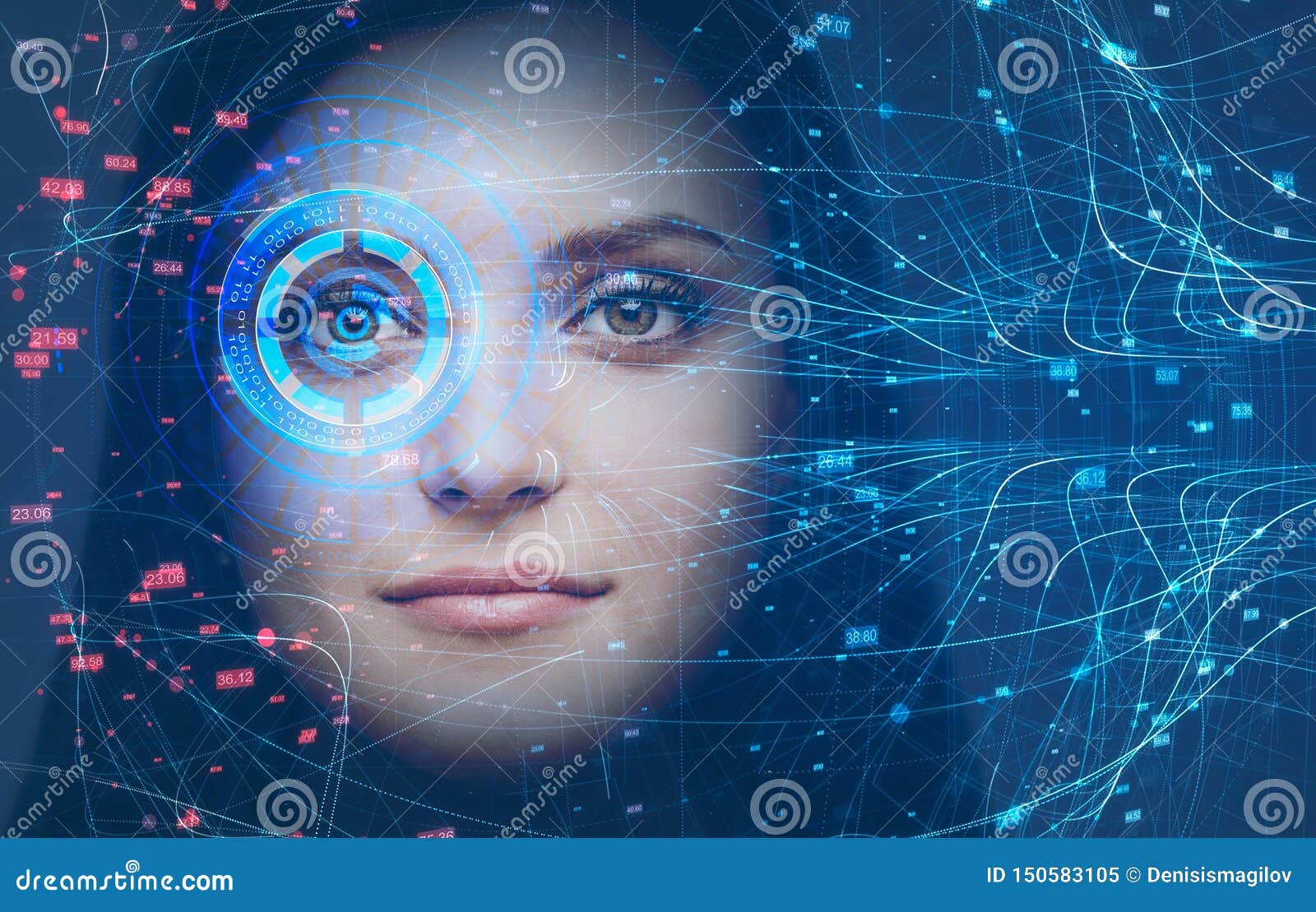 woman head, face recognition technology and hud