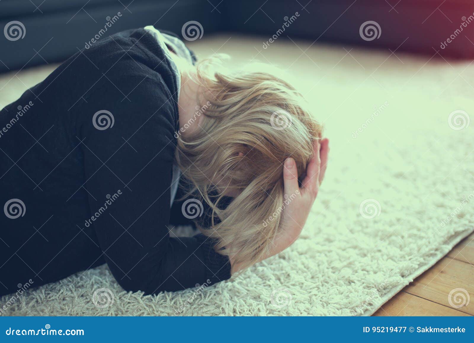 Woman headache on carpet stock image. Image of people 95219477