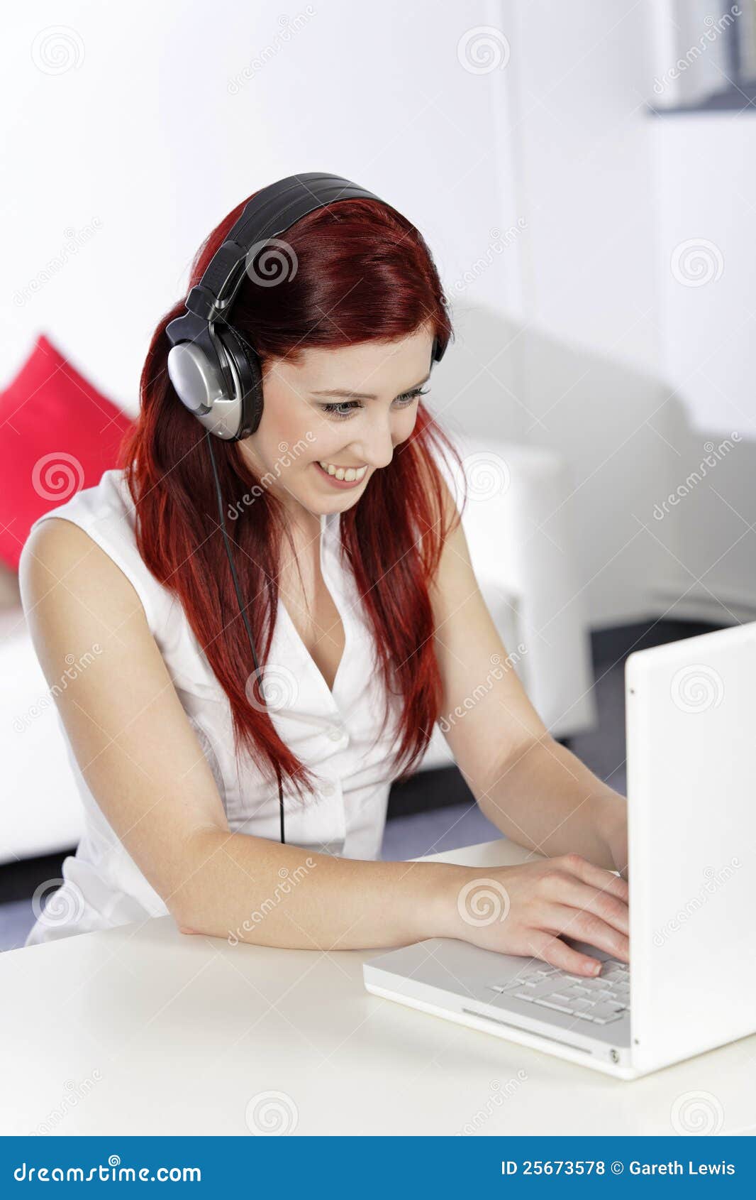 Woman with Headphones Working on Laptop Stock Photo Image of computer, happy 25673578