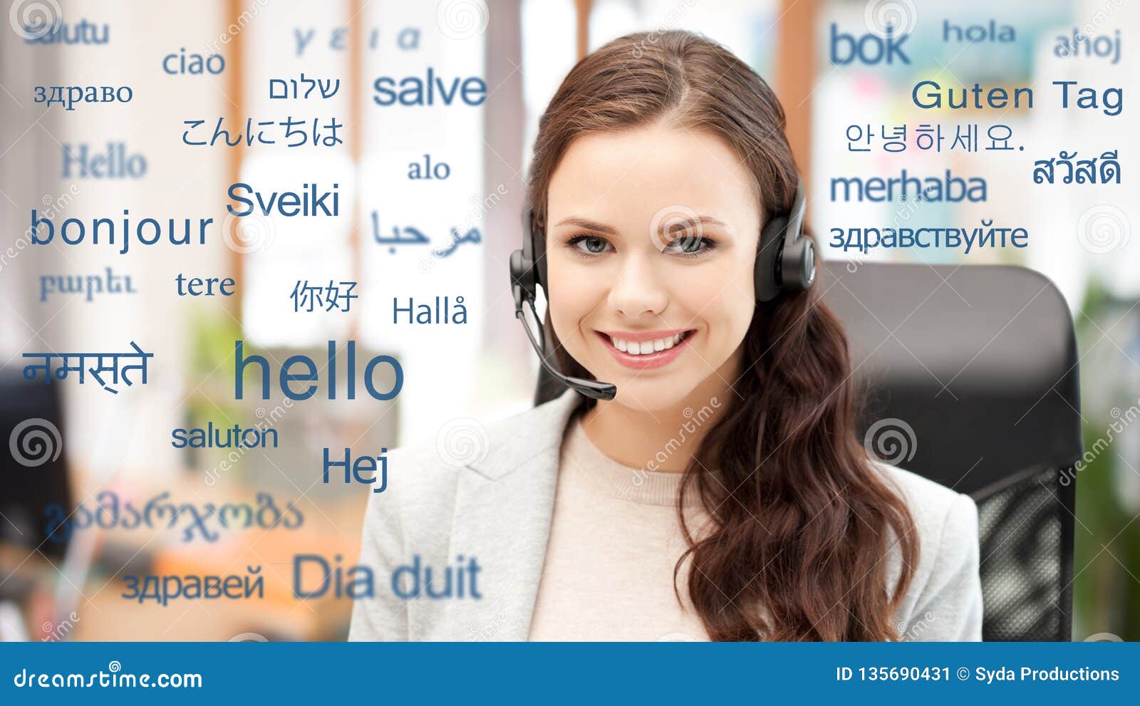 woman in headset over words in foreign languages