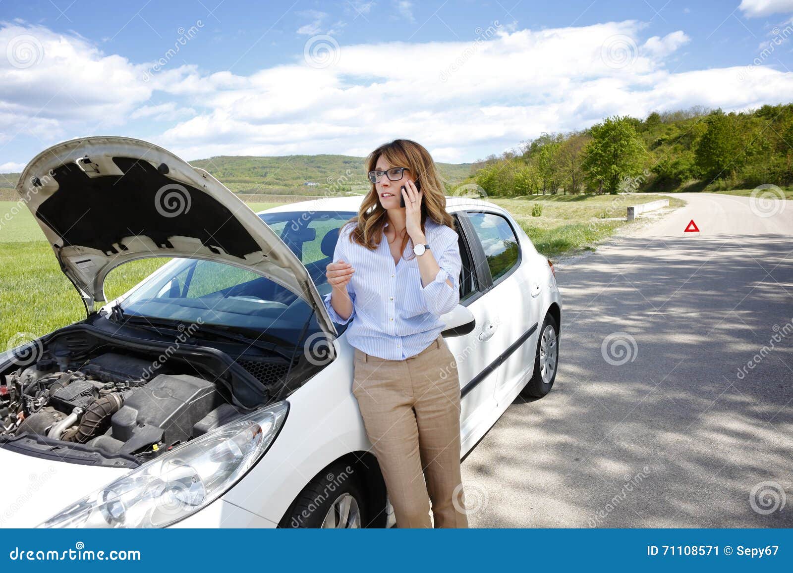 Woman With Her Broken Down Car Stock Image Image Of Aged Eyewear 