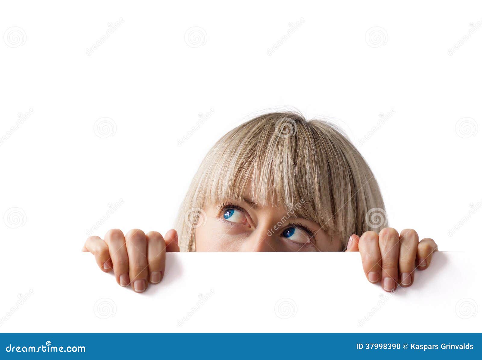 woman hiding behind blank white board