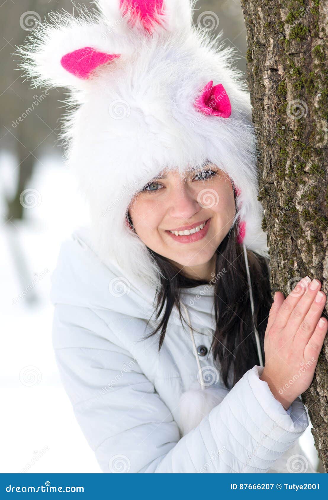 Woman Hiding Behind Tree in Winter Stock Image Image of nature, relax