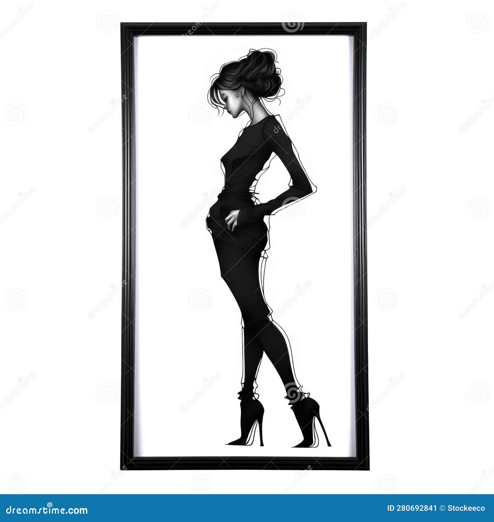 sleek and stylized black frame featuring girl in high heels