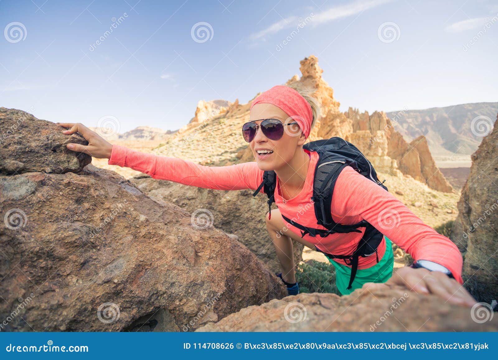 woman hiker reached mountain top, backpacker adventure