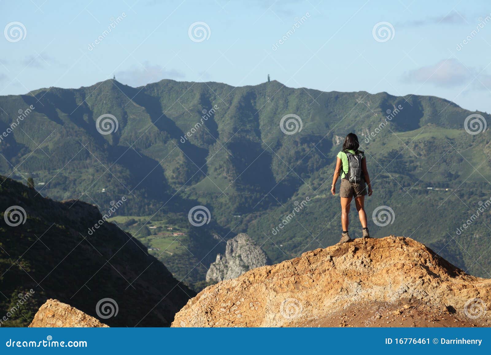 woman hiker viewing central peaks on st helena