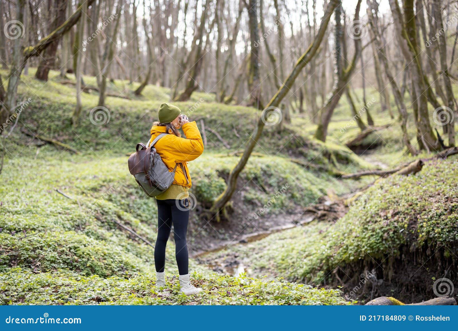 Woman In Hiking Clothes With Camera In Forest Stock Photo Image Of Travel,  Trekking: 217186842