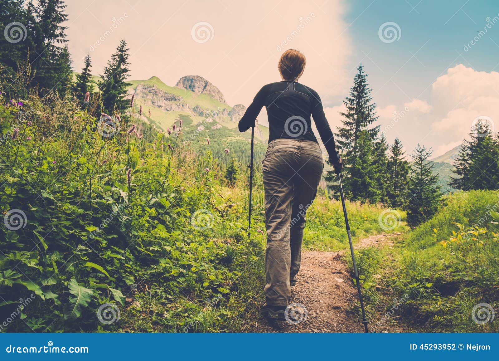 woman hiking in mountain forest