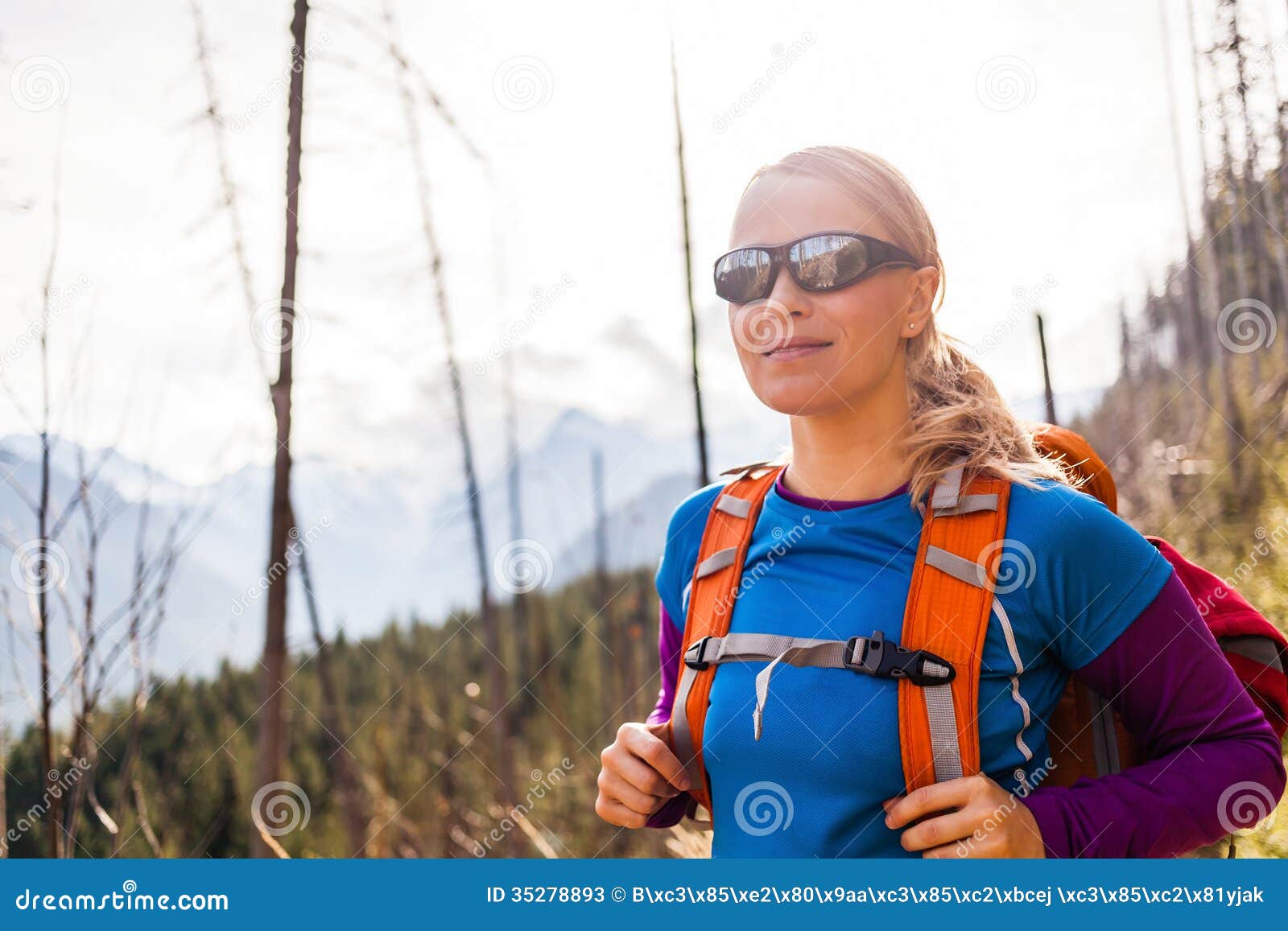 Happy Hiking Woman Giving Thumbs Up Smiling. Young Hiker Woman