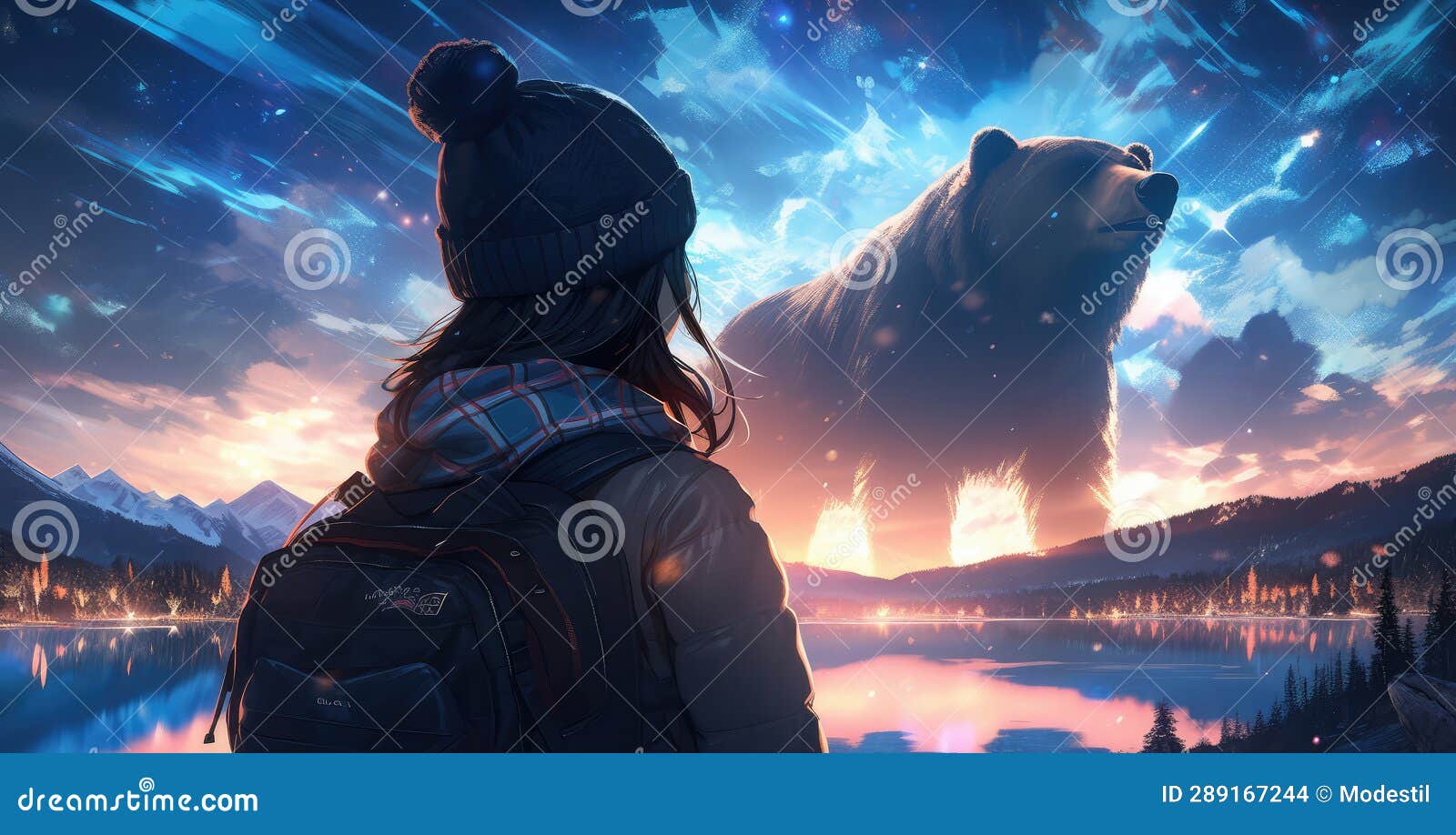 Woman Hiking Outdoor in a Beautiful Scenery, Fantasy Bear - Generative ...