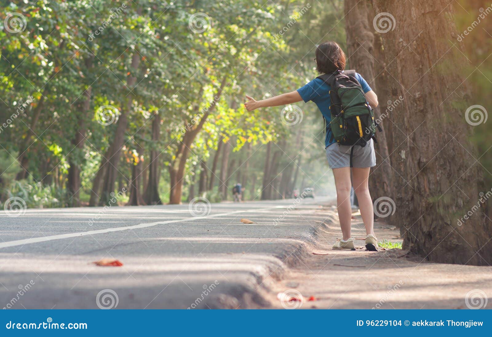 Woman Hitchhiker with Backpack Sign Thumb on Highway Road. Stock Photo ...