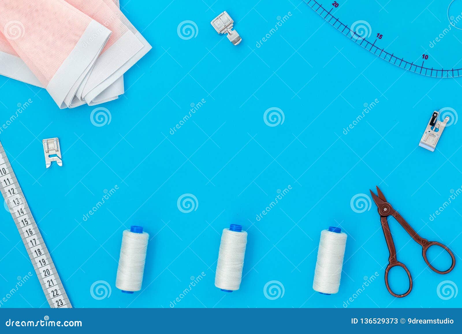 Woman Hobby. Set for Tailor Shop with Thread, Scissors, Fabric on Blue  Background Top View Copy Space Stock Image - Image of office, feminine:  136529373
