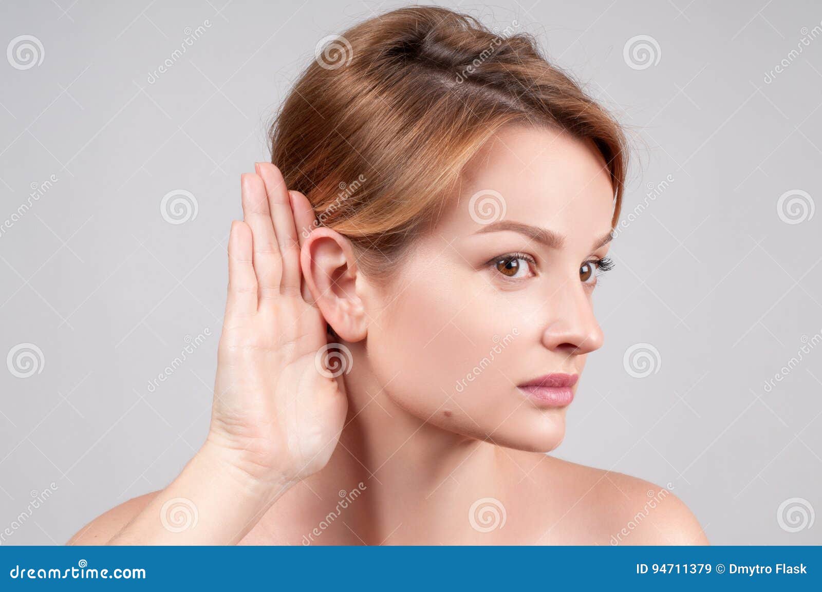 Woman Hold Hand Near Her Ear And Listening Carefully Stock Image