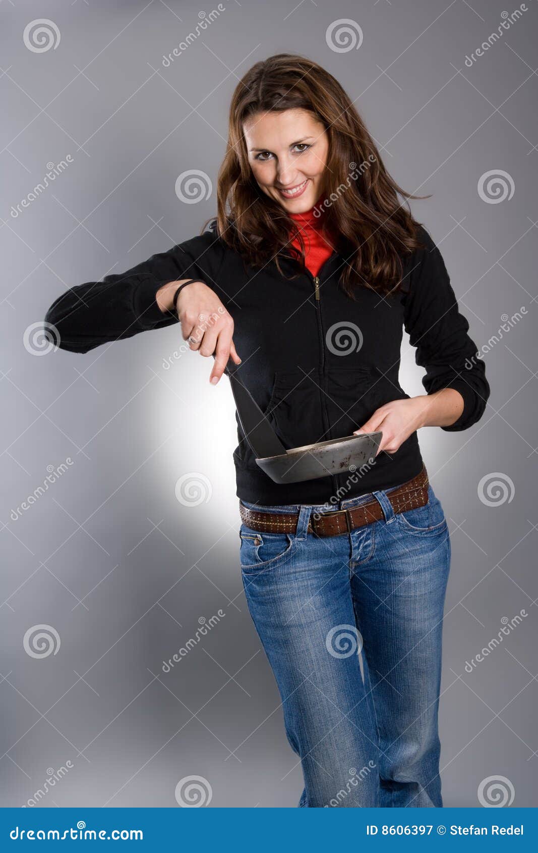 Woman hold pan and spatula stock image. Image of adult 8606397