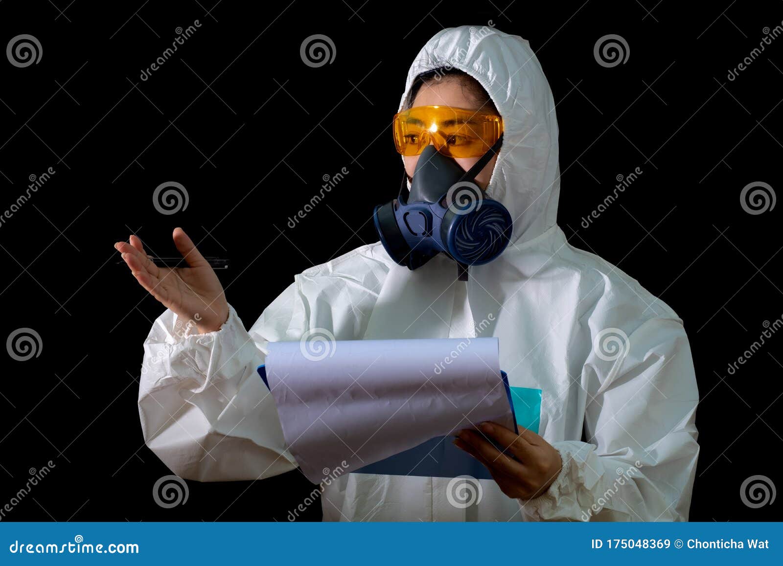Woman Hold Report File Folder in White Chemical Protective Clothing and ...