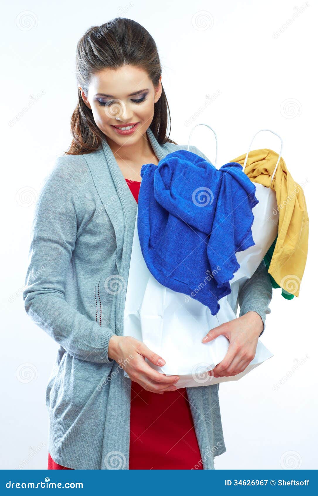 Woman Hold Shopping Bags Isolated on White Background. Stock Image ...