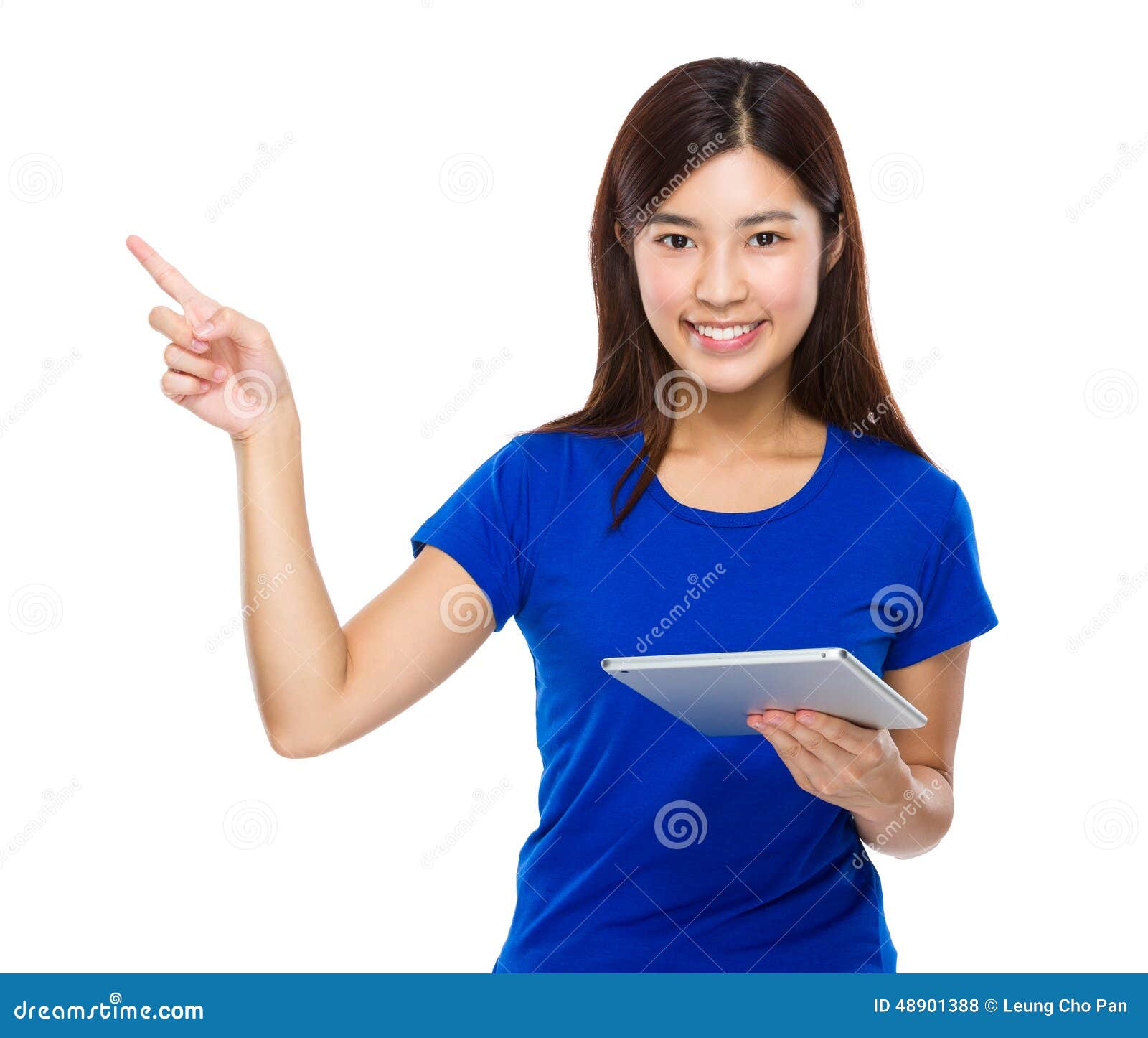 woman hold a tableta with finger point aside