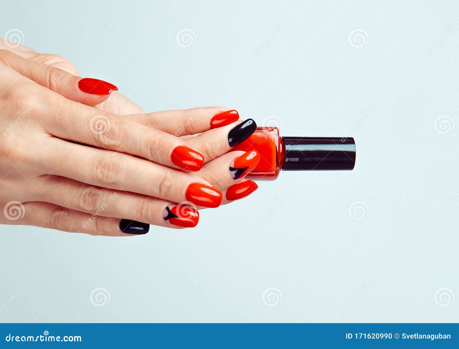 Woman Holding Bottle of Red Nail Polish. Art Manicure. Modern Style Red  Black Nail Polish Stock Photo - Image of care, cured: 171620990