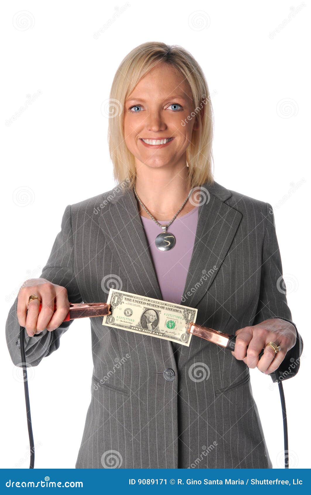 Woman Holding Dollar Bill with Jumper Cables Stock Image Image of