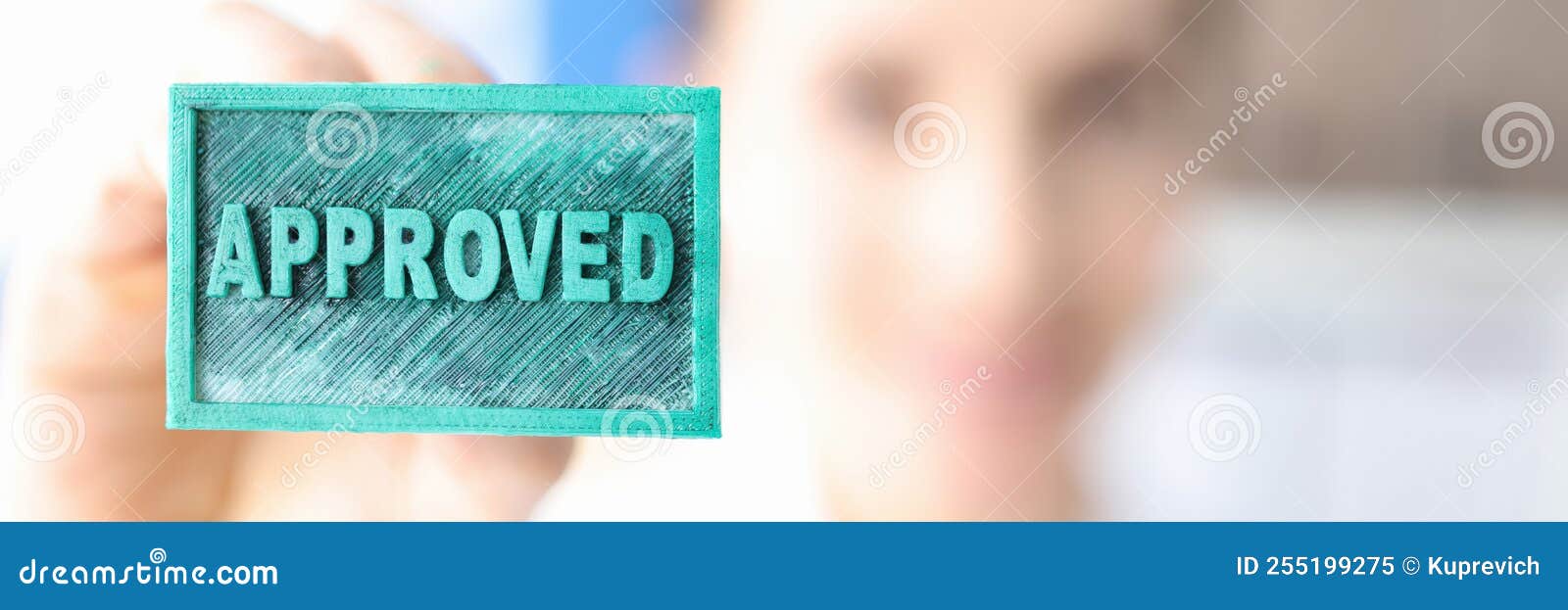 Woman Holding Green Ink Stamp Approved Closeup Stock Image - Image of