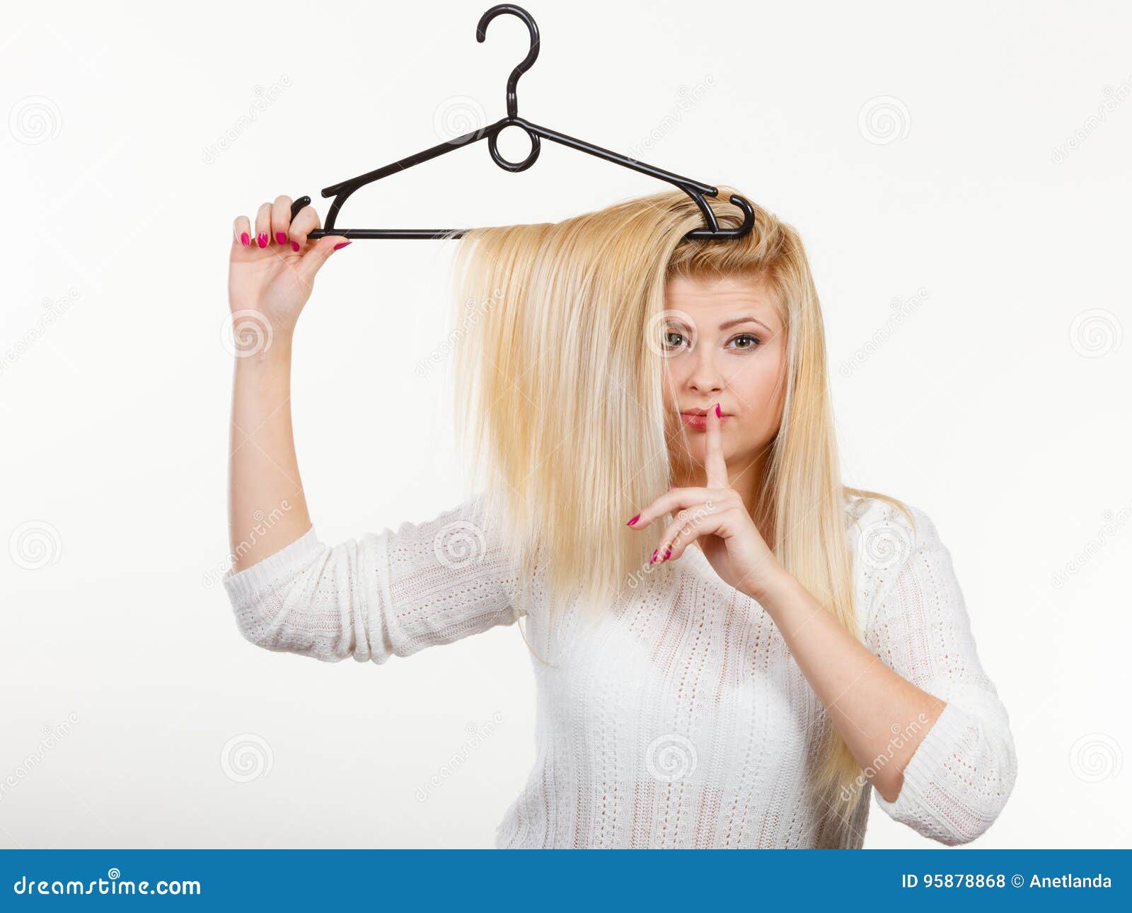 Woman Holding Hair on Clothes Hanger Stock Photo - Image of fashion,  hanger: 95878868