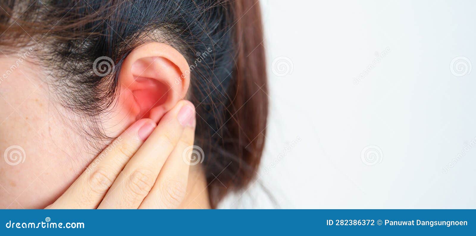 woman holding her painful ear. ear disease, atresia, otitis media, inflation, pertorated eardrum, meniere syndrome,