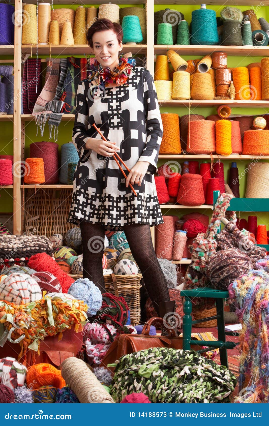 Woman Holding Knitting Needles in Front of Yarn Stock Image Image of