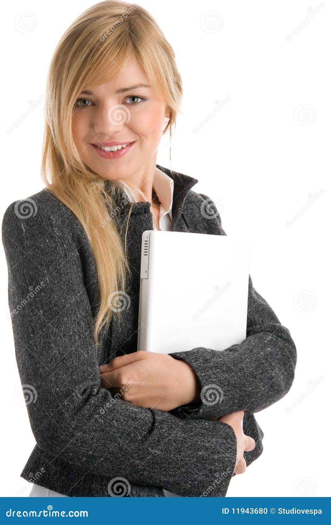 Woman holding laptop stock photo. Image of gray, background 11943680