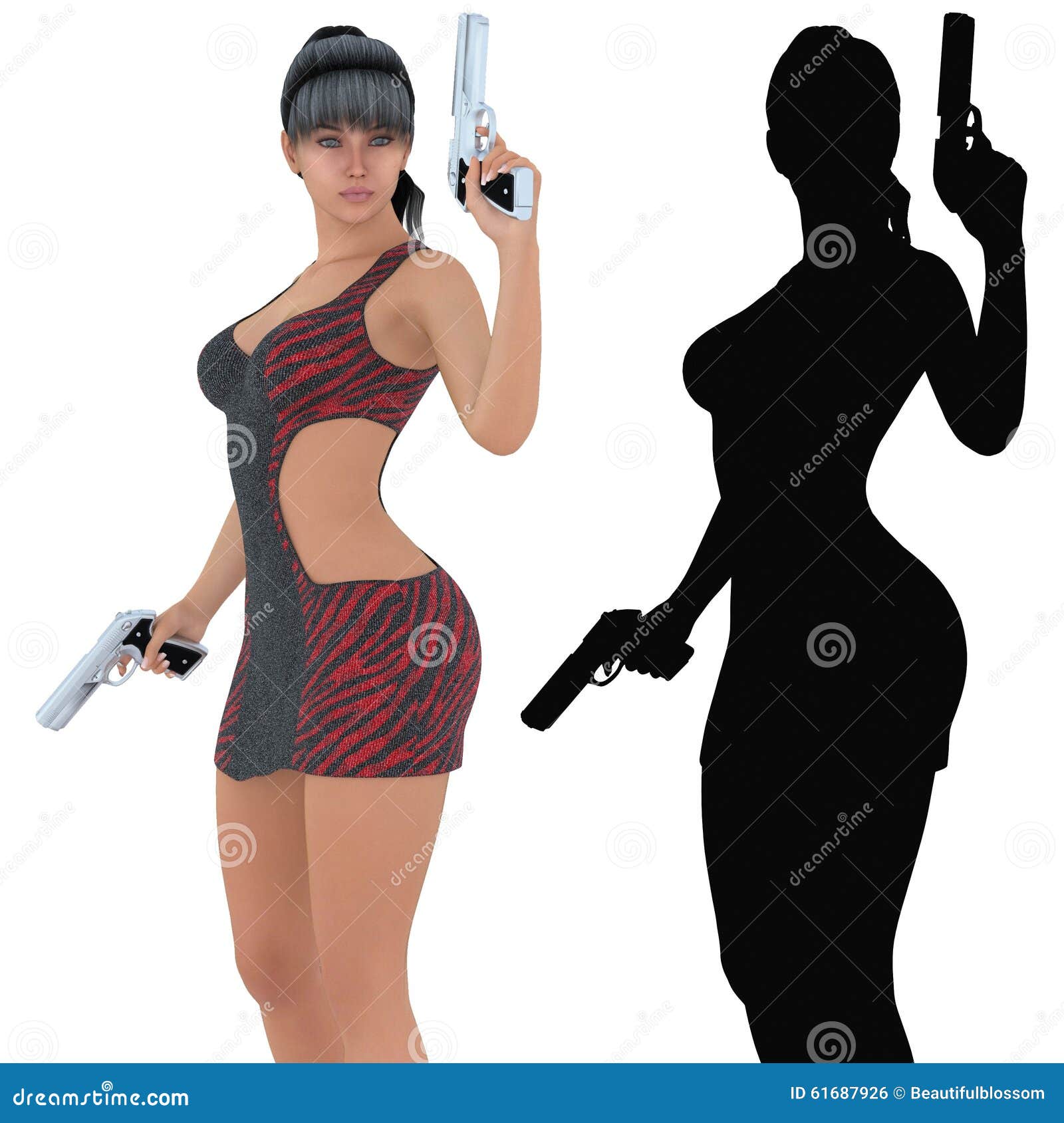woman holding loaded handguns, 3d digitally rendered .