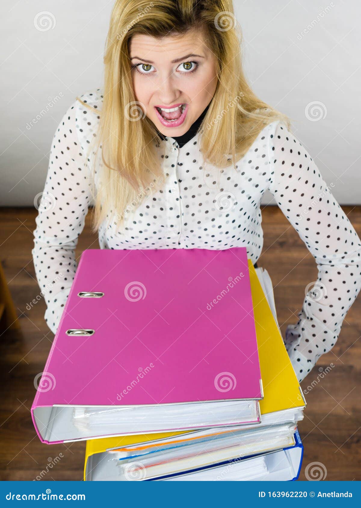 Woman Holding Heavy Colorful Binders with Documents Stock Photo Image