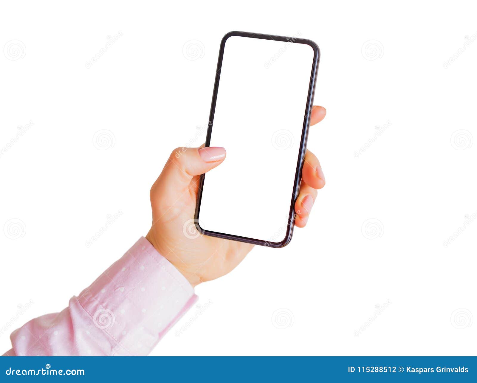 person holding phone with empty white touchscreen. mobile app mockup.