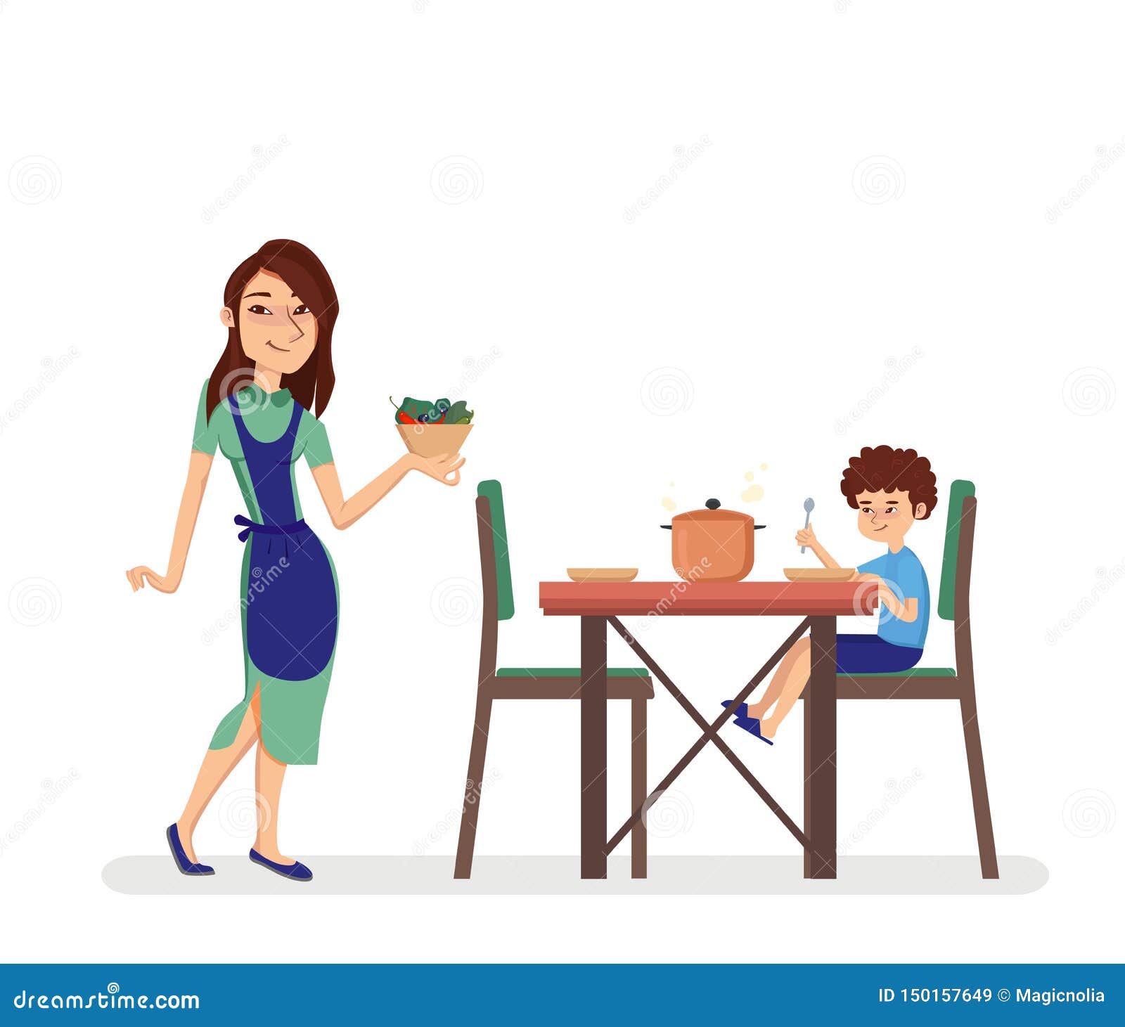 Woman Holding Plate with Food. Boy Sitting at the Dinner Table in the Kitchen Stock Vector - Illustration of childhood, healthy: 150157649 Woman Holding Plate with Food. Boy Sitting at the Dinner Table in the Kitchen Stock Vector - Illustration of childhood, healthy: 150157649