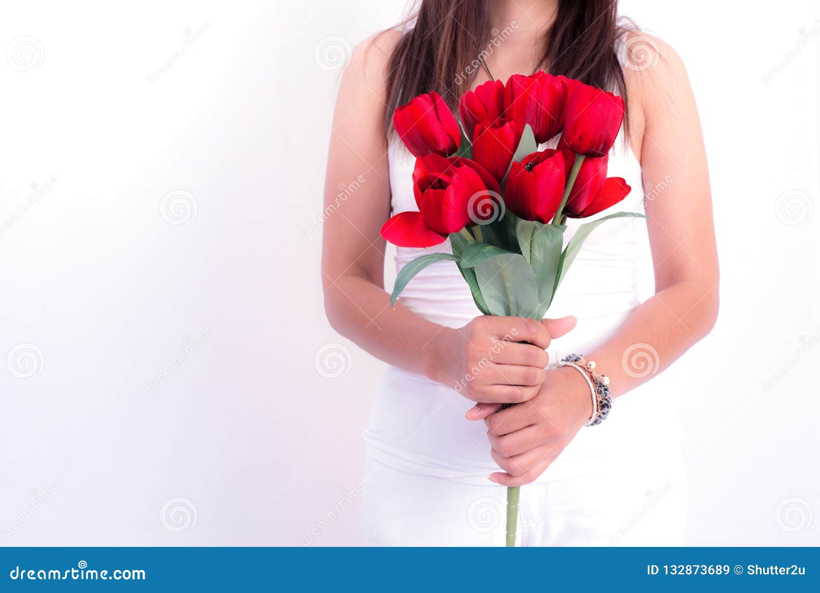 Woman Holding Red Rose Flower Valentines Day And Couples Conce Stock Image Image Of
