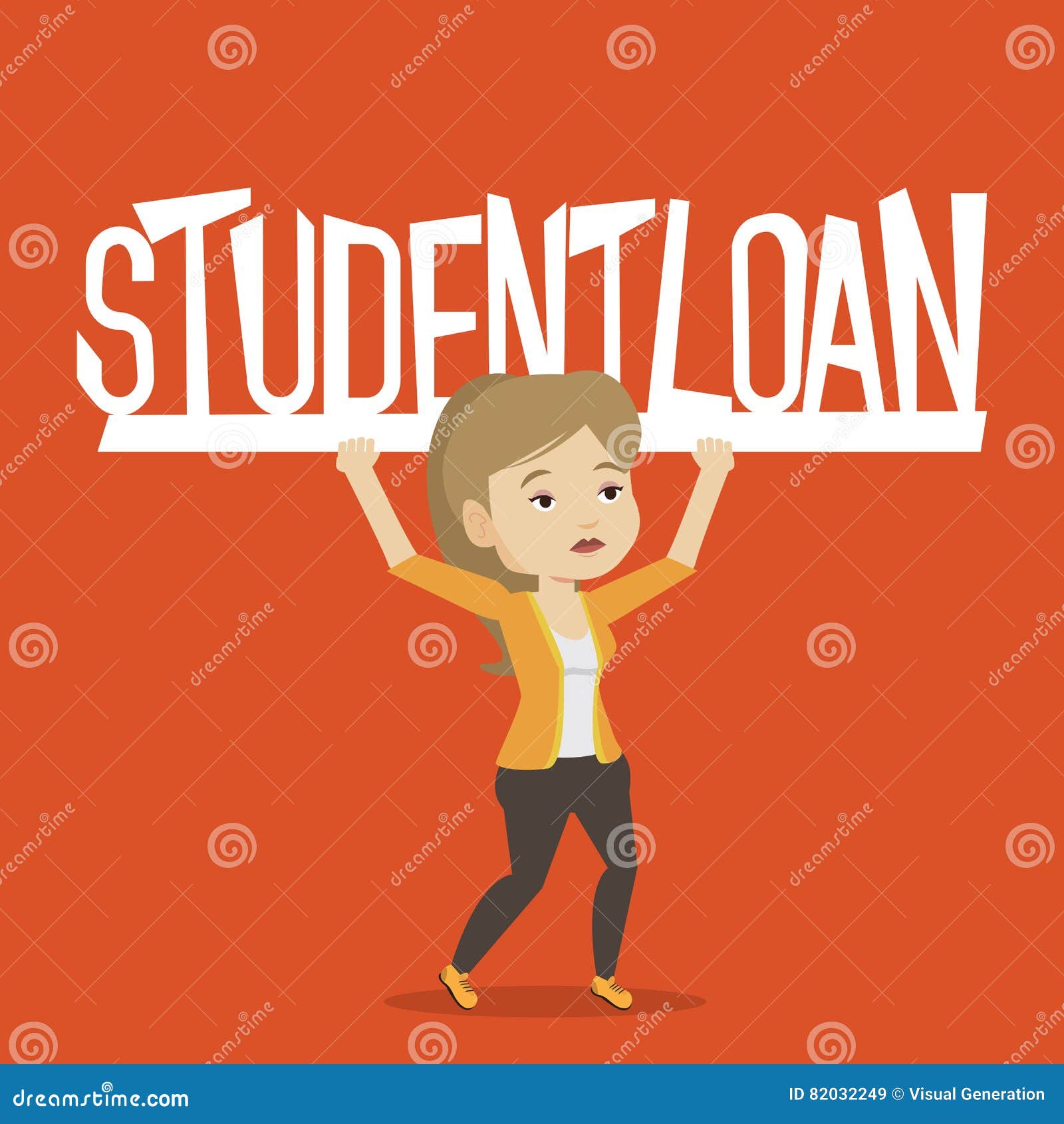 Woman holding sign of student loan. Caucasian woman holding a heavy sign of student loan. Young tired woman carrying heavy sign - student loan. Concept of the high cost of student loan. Vector flat design illustration. Square layout.