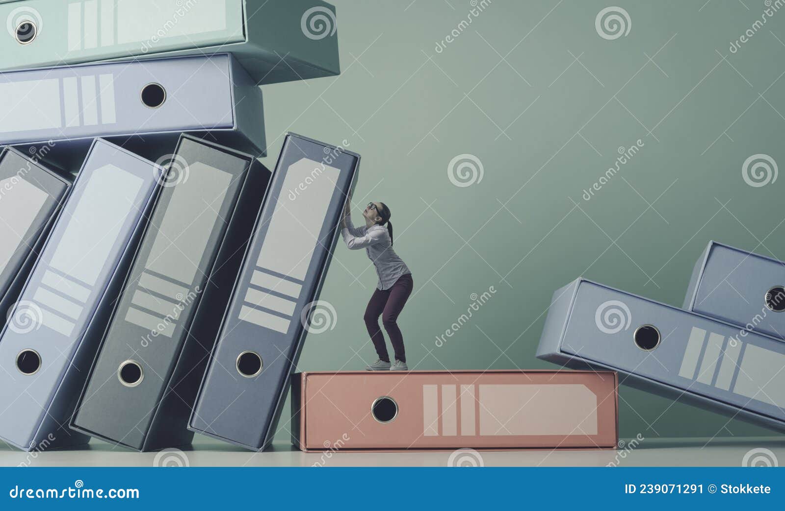 Woman Holding and Supporting Many Falling Ring Binders Stock Image