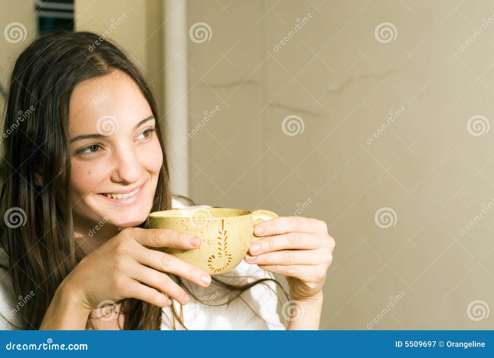 Woman Holding a Tea Cup Smiles Horizontal Stock Image Image of