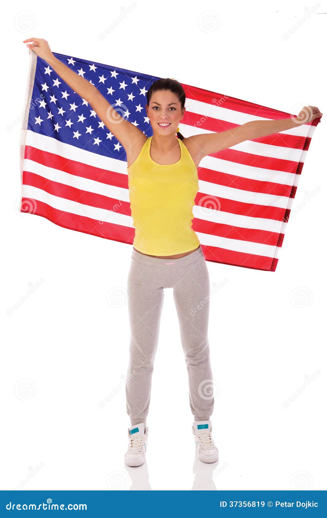 Woman holding the USA flag stock image. Image of proud 37356819