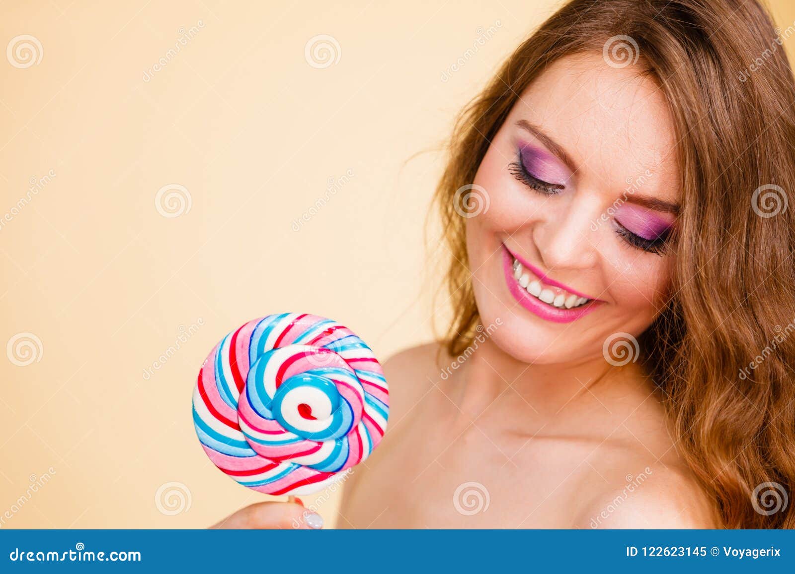 Woman Holds Colorful Lollipop Candy In Hand Stock Image Image Of Hand