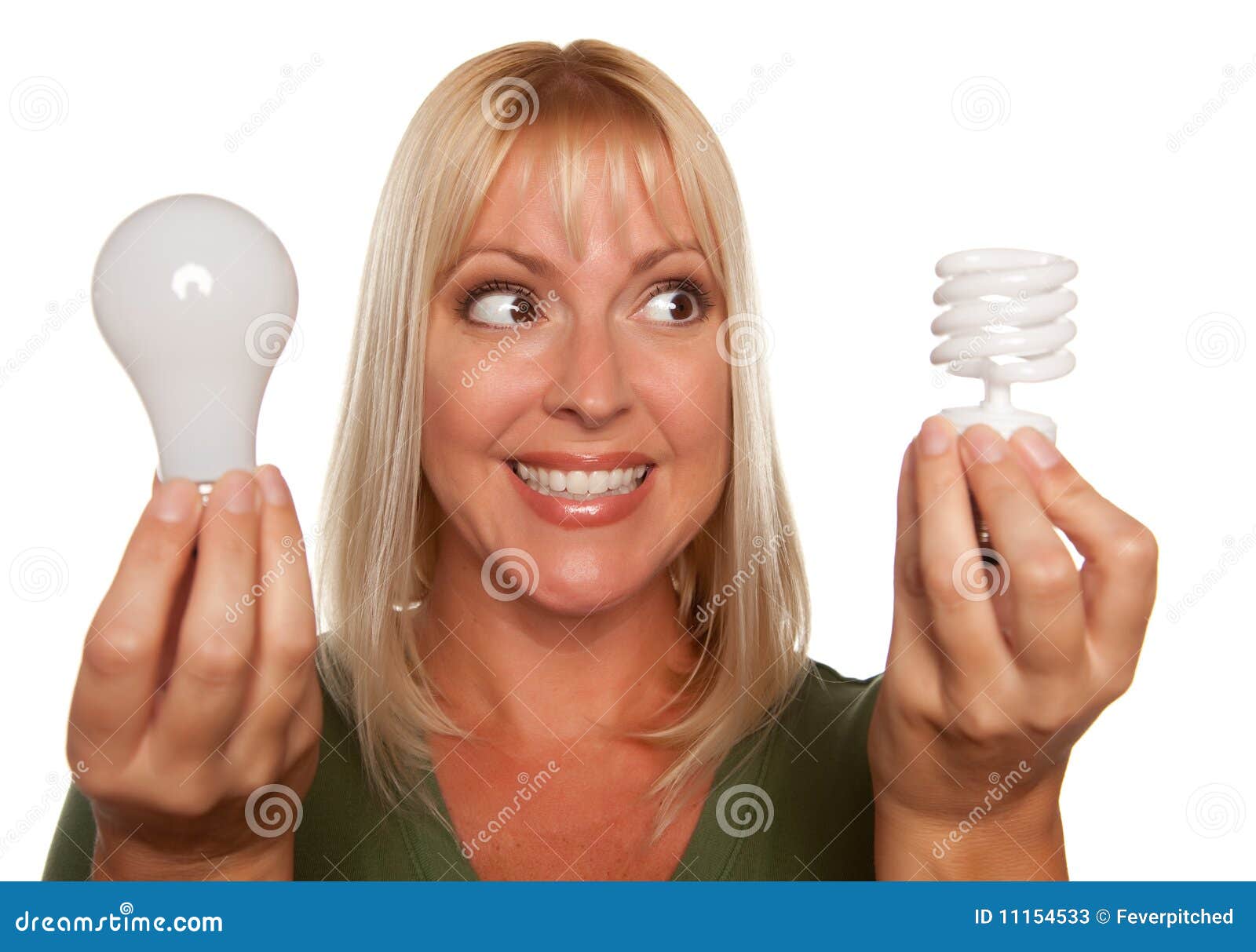 Woman Holds Energy Saving and Regular Light Bulbs Stock Image Image