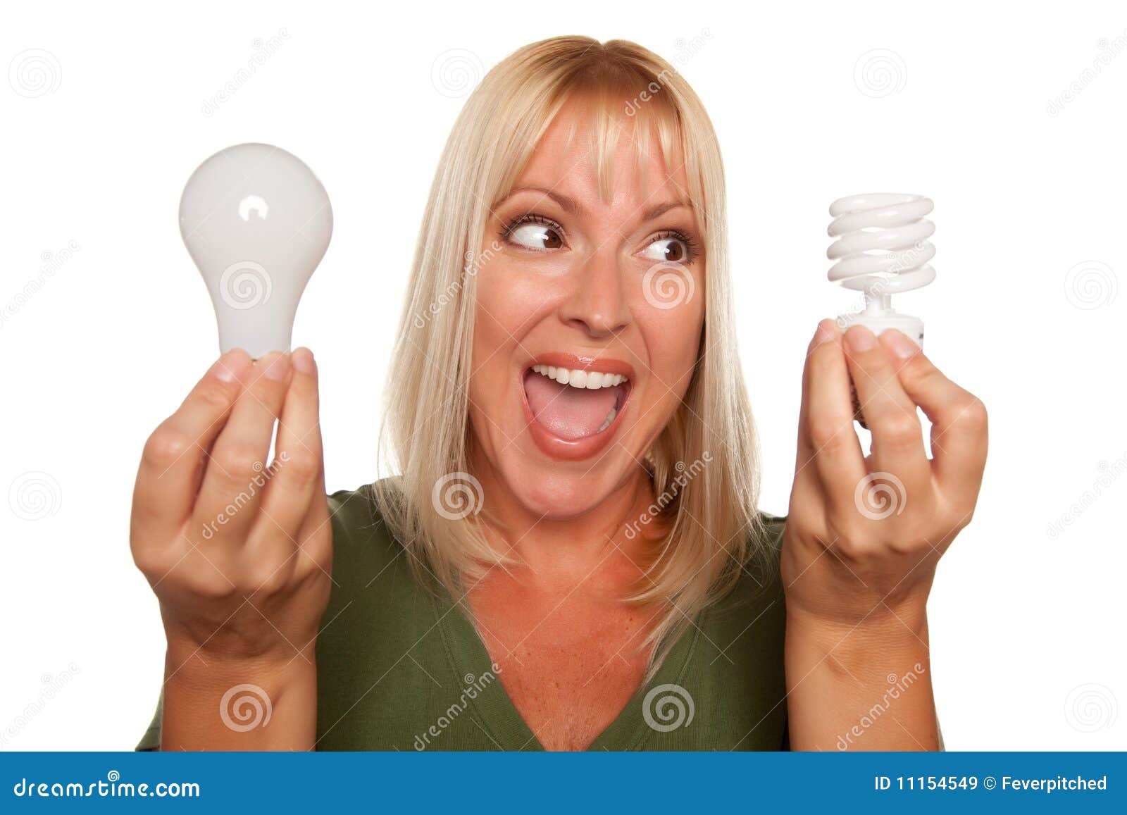 Woman Holds Energy Saving and Regular Light Bulbs Stock Image Image