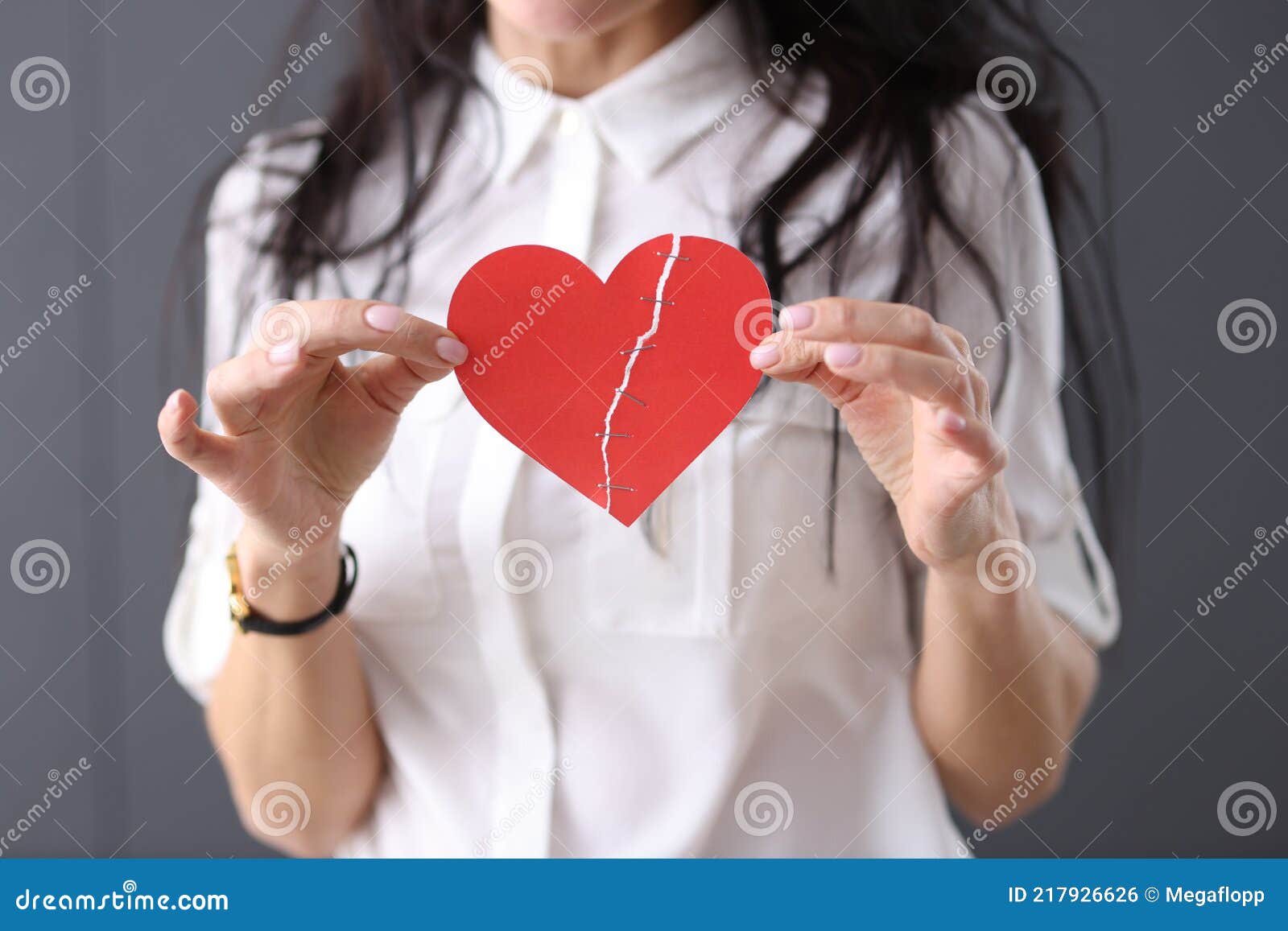 Woman Holds Glued Heart in Her Hands Stock Photo Image of loss