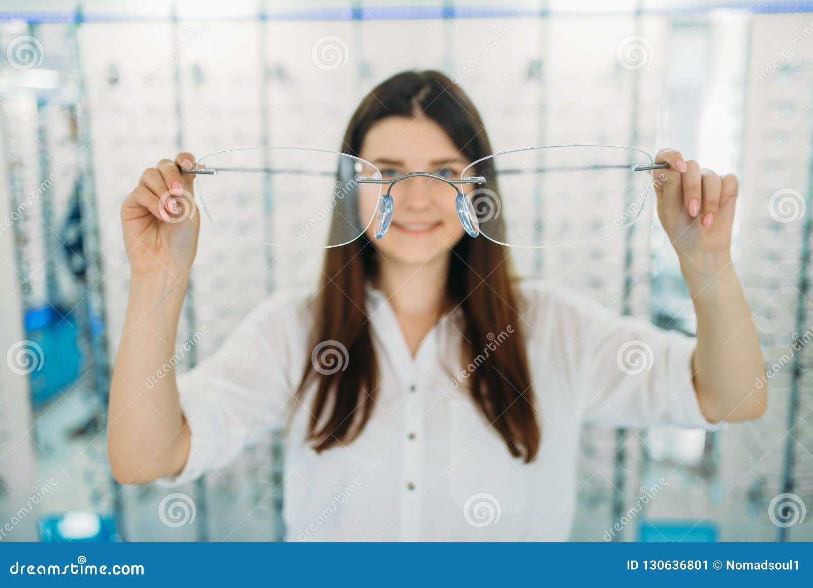 Woman Holds Huge Decorative Glasses, Optic Store Stock Image - Image of ...