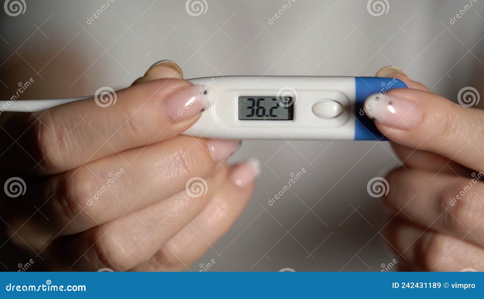 Woman Holds Thermometer in Hands To Measure Body Temperature. 36