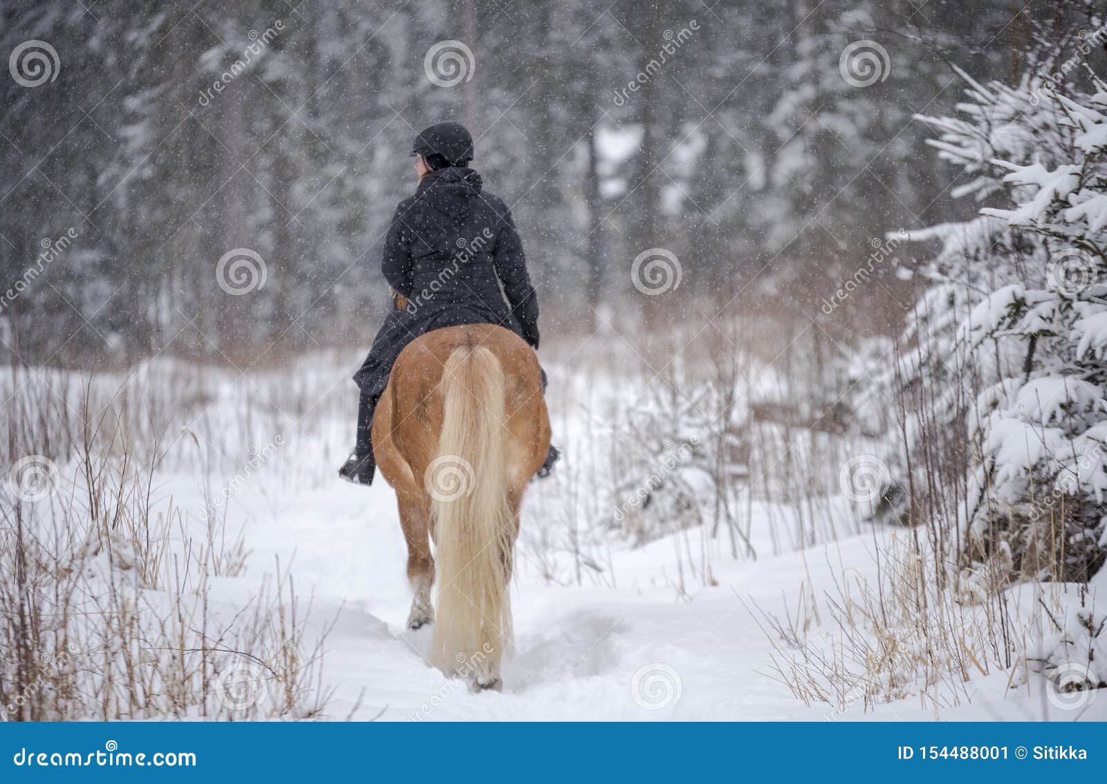 woman horseback riding in winter snowfall