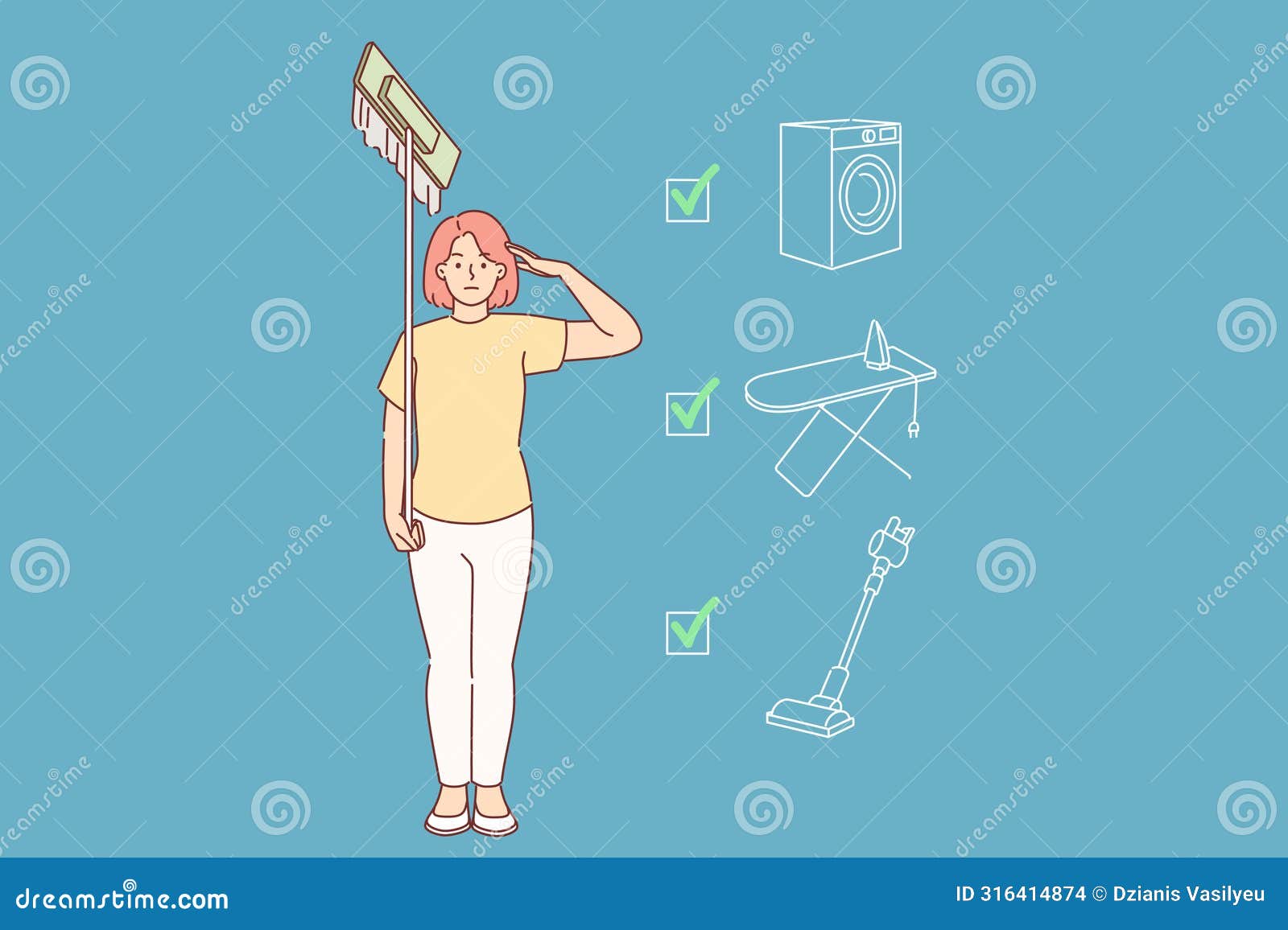 woman housewife completed all housework stands in soldier pose with mop in hands