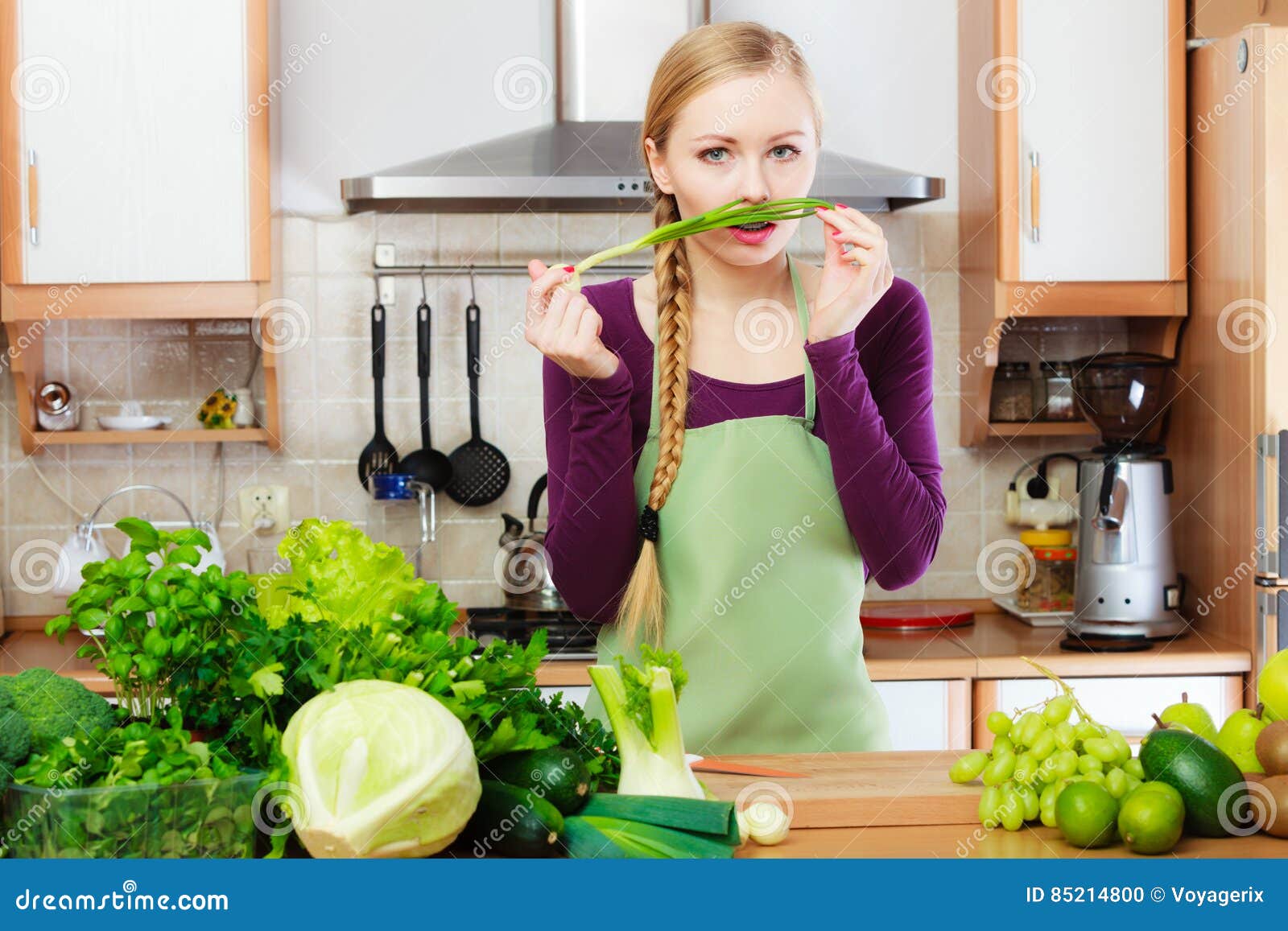 Woman Housewife in Kitchen with Green Vegetables Stock Ph