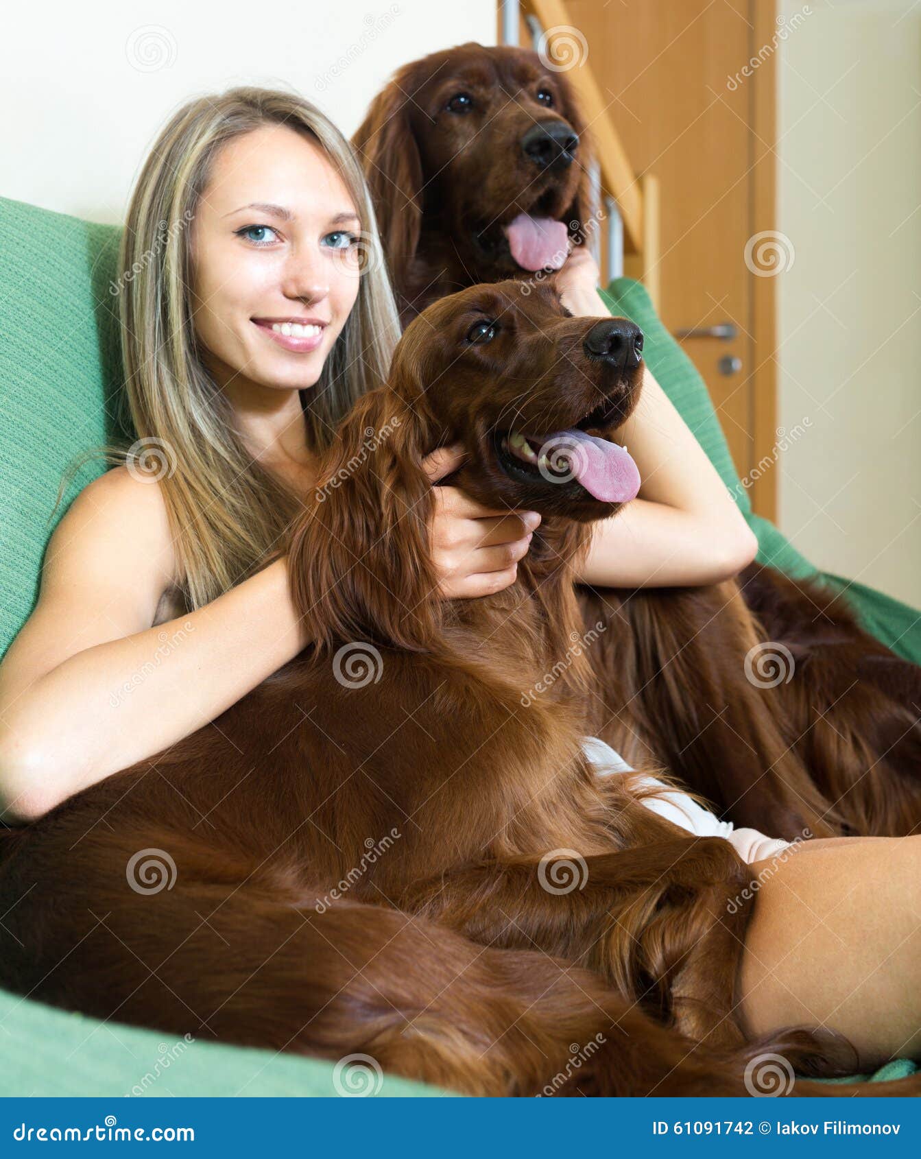 Woman Hugging Two Dogs Stock Photo. Image Of Interior - 61091742
