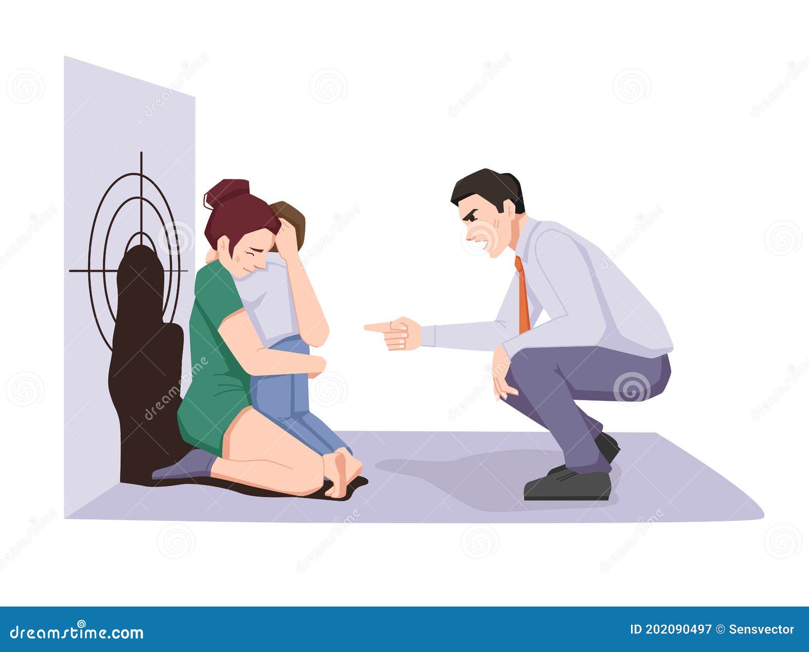 Woman Hugs Crying Child, Father Yelling, Violence Stock Vector ...