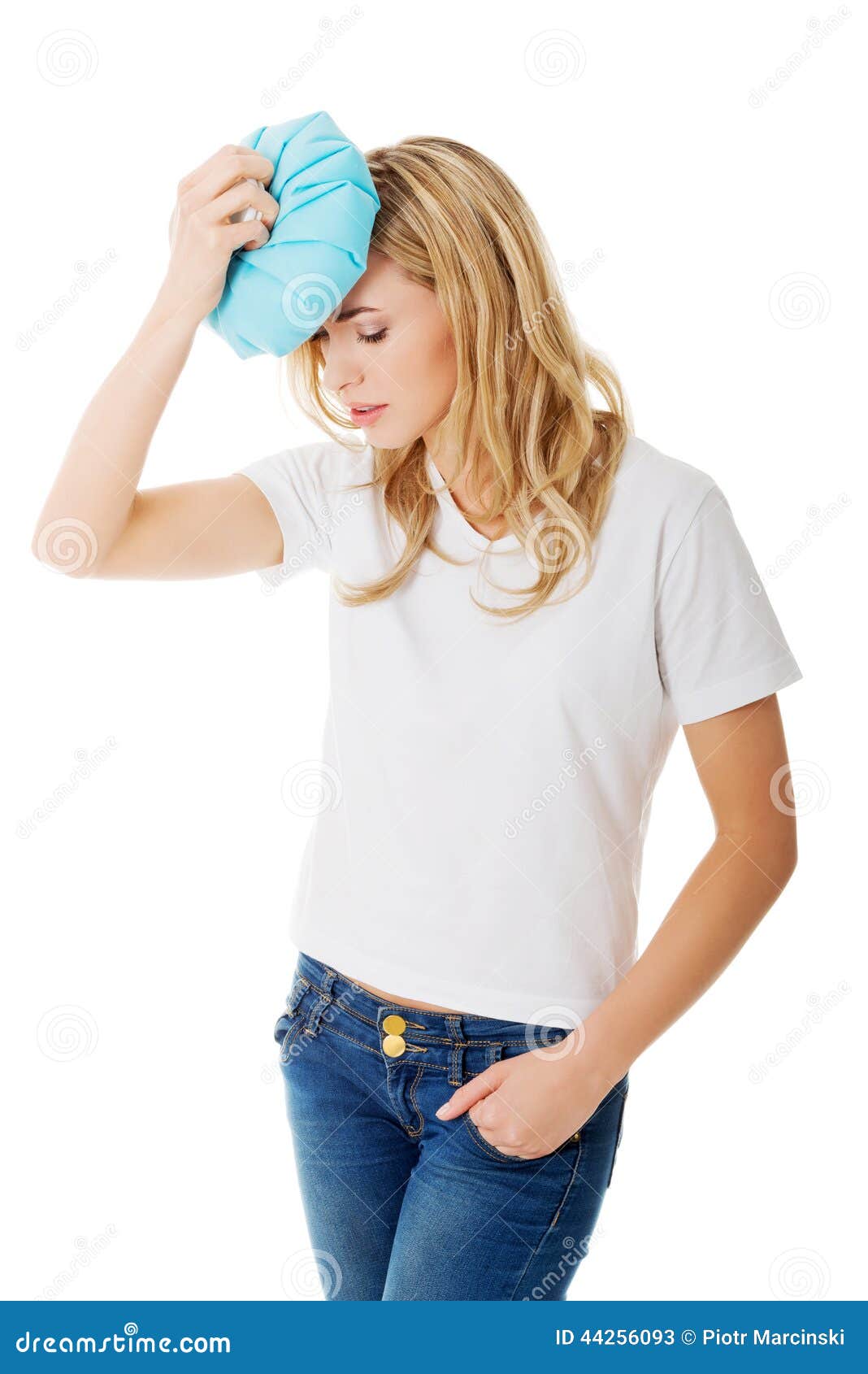 Woman with Ice Bag, Having Headache. Stock Image Image of head